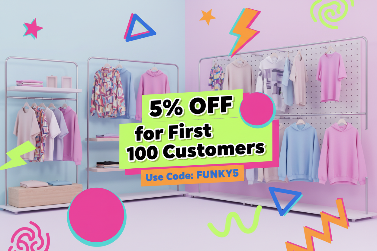Create a high-quality promotional banner for an online clothing store with a funky, colorful, and energetic design. Use a clothing-themed background that includes neatly displayed t-shirts, hoodies, and oversized t-shirts—either hanging on racks, arranged on a wall, or styled in a trendy studio setup. Add playful shapes, vibrant accents, and fun graphic elements while keeping the layout clean and visually appealing. Include bold, easy-to-read text that says: '5% OFF for First 100 Customers' and 'Use Code: F